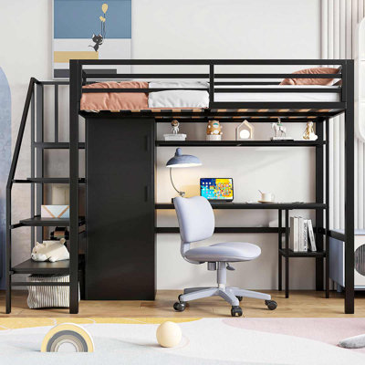 Lit mezzanine simple moderne avec bureau, station de charge et tablettes de rangement
