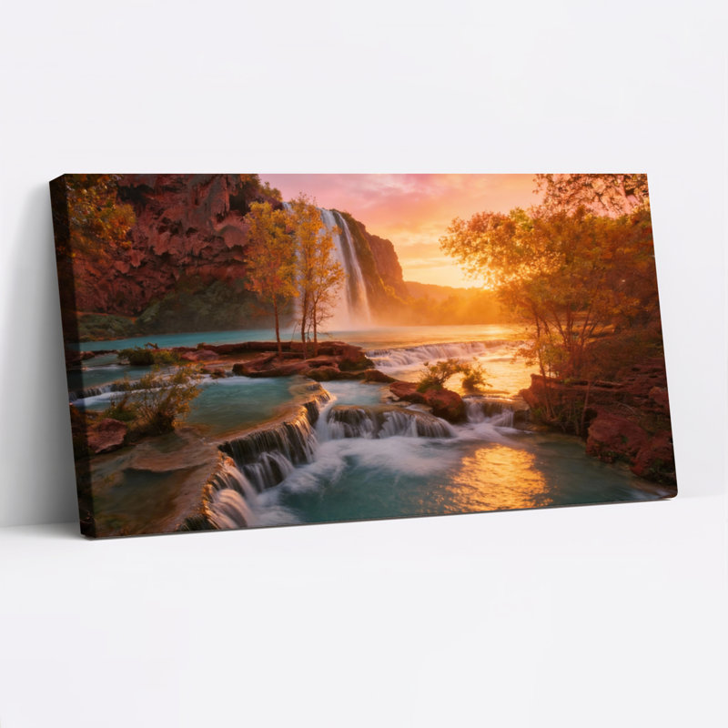 Waterfall Landscape Canvas Wrapped Wall Art Oil Painting Print Sunset Nature Scene With Trees And River (Set Of 1)