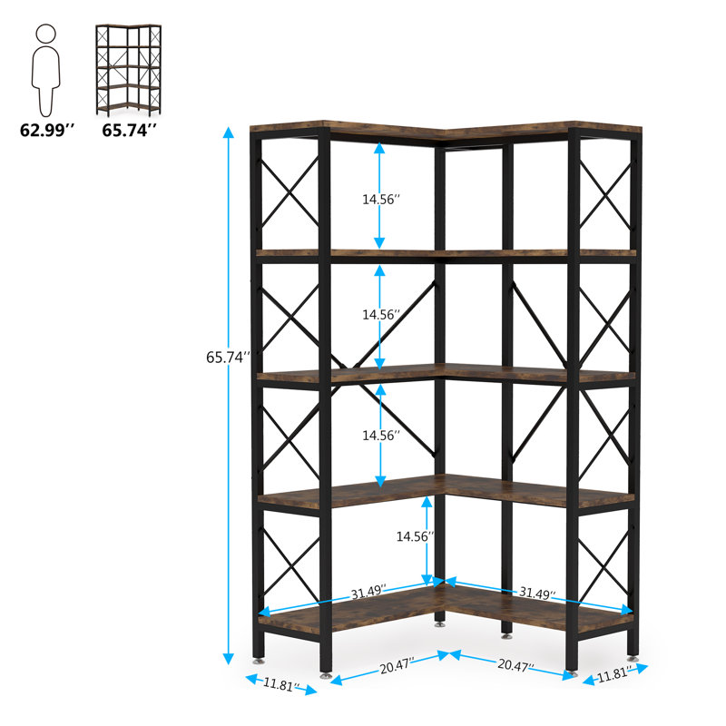 167 cm H x 80 cm W Corner Bookcase, 167.6cm H x 81.3cm W x 81.3cm D, Black/Brown