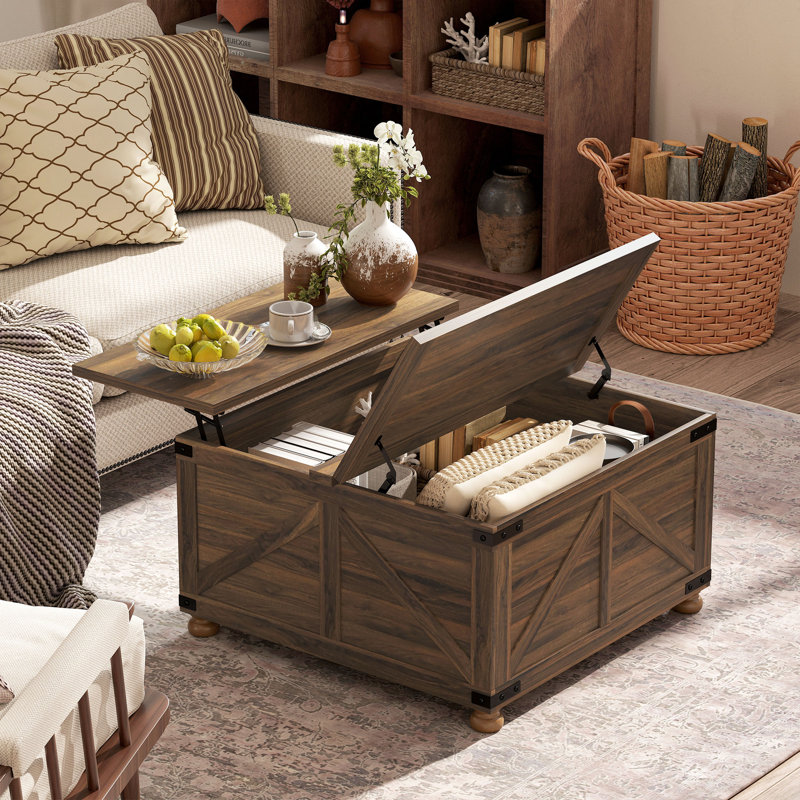 Table basse à plateau relevable avec compartiment caché, grain de bois, Brun
