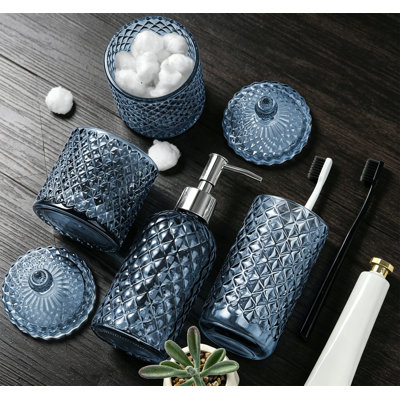 Light Blue 4-Pack Bathroom Accessories Set, Diamond Glass Soap Dispenser and Toothbrush Holder, Counter Organizer