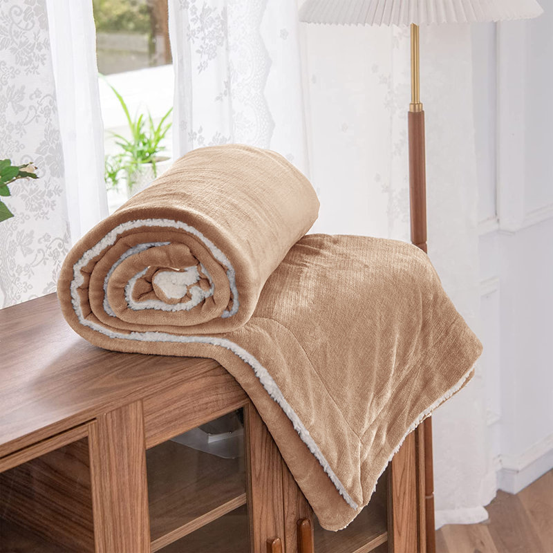 Soza Sherpa Fleece Dual Sided Fur Thick Reversible Blanket Throw, W200 x L240cm, Camel