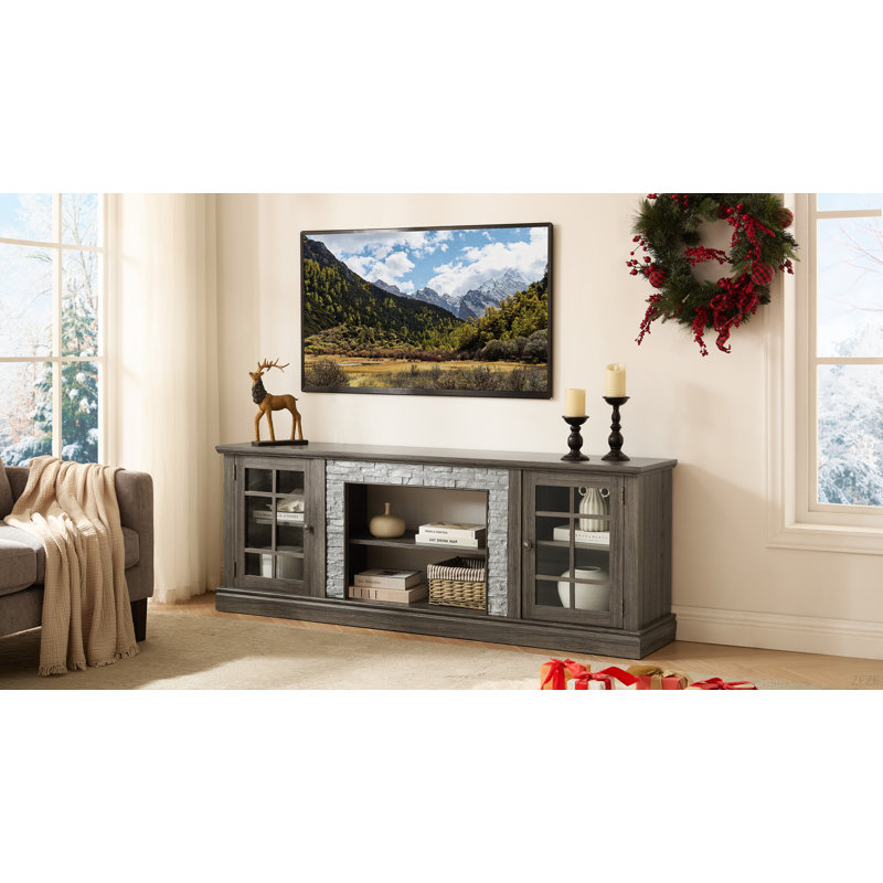 70" Modern TV Stand With 2-Door Storage, Faux Stone Media Console Cabinet, Grey Large Entertainment Center For Living Room