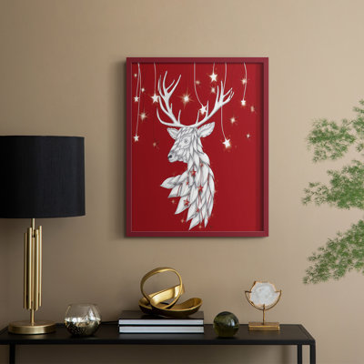 Cerf blanc et étoiles suspendues, reproduction encadrée - bois massif