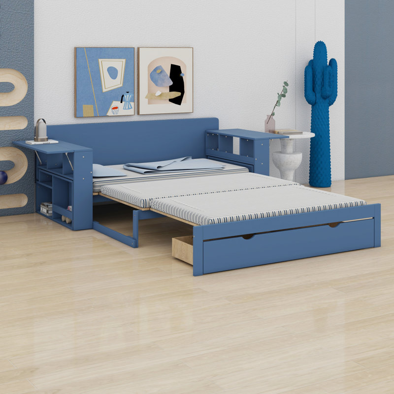 Lit de jour avec bureau amovible, tiroirs de rangement et table d'appoint hydraulique, Bleu, Double