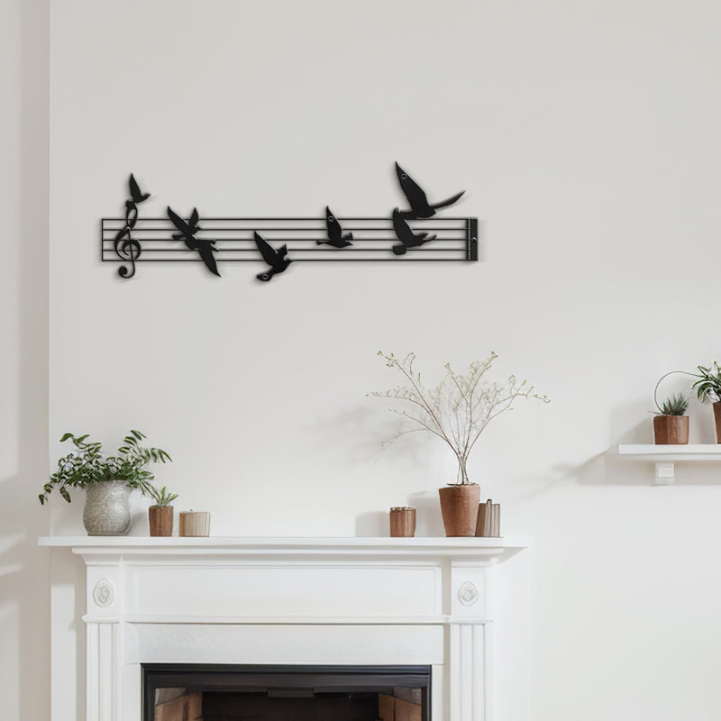 Music Notes and Birds Modern Abstract Wall Accent Sculpture Hanging Decoration Metal Wall Decor, 9.9" H x 30" W x 0.05" D