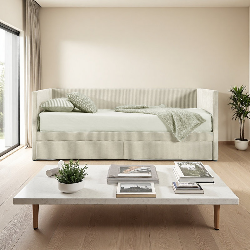 Twin Size Corduroy Daybed With Two Drawers And Wood Slat, Beige