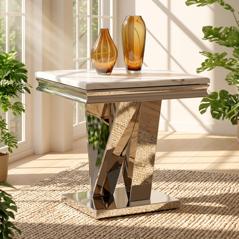 Table d'appoint Mobilya avec piédestal en V biseauté imitation marbre, 60 cm L x 60 cm P x 58 cm H