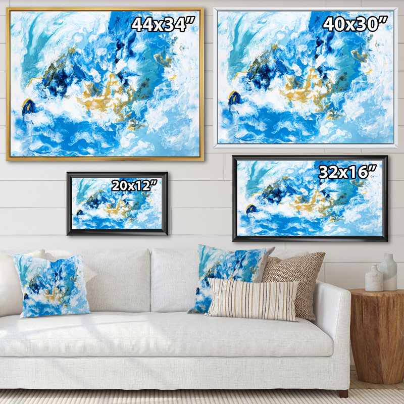 «Blue and White Liquide Waves II», peinture sur toile, H 24 po x l 32 po x P 1 po, Cadre flottant doré