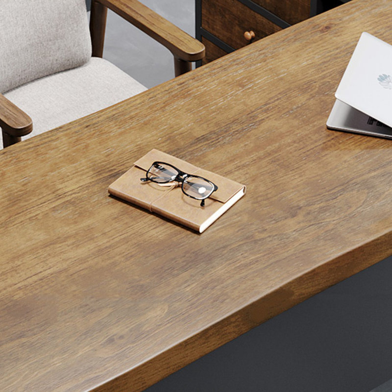 Bureau brun et noir en bois massif en forme de L + fer, H 29,5 po x l 62,9 po x P 27,5 po