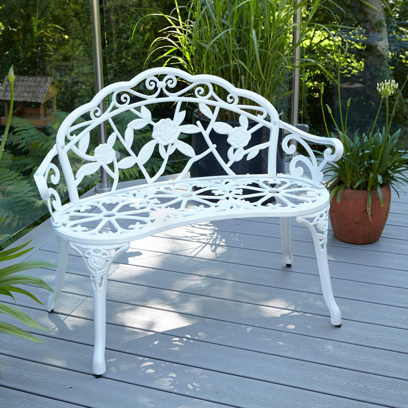 Rose Ornate Detail Metal Outdoor Garden Bench, White
