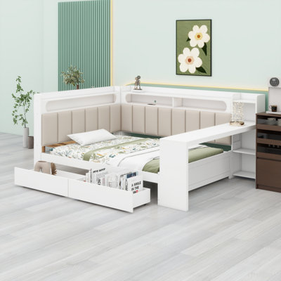 Daybed With Storage Shelves,Drawers,Charging Station,LED Light,Desk And Upholstered Headboard And Backrest