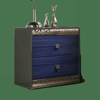 Glam Nightstand with Chrome Molding – Ash Gray & Indigo Blue