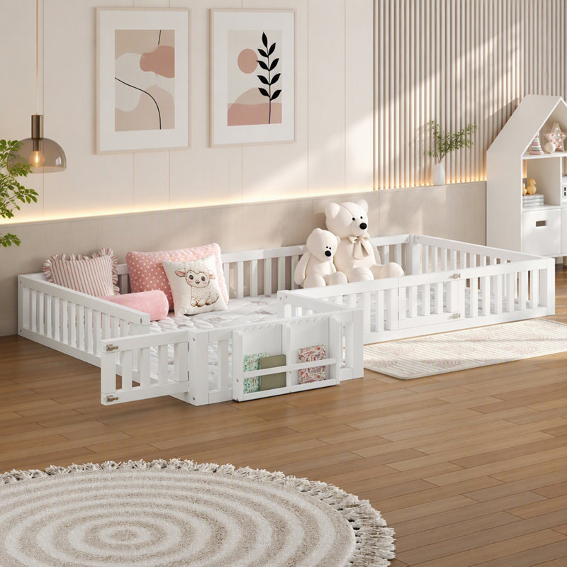 Lit de sol en forme de L pour lit simple et double avec barrières de sécurité et bibliothèque intégrée, White