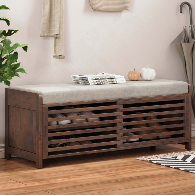 Banc à chaussures avec rangement et coussin, banc de rangement à volets vieillis avec charme rétro pour le salon, vestibule