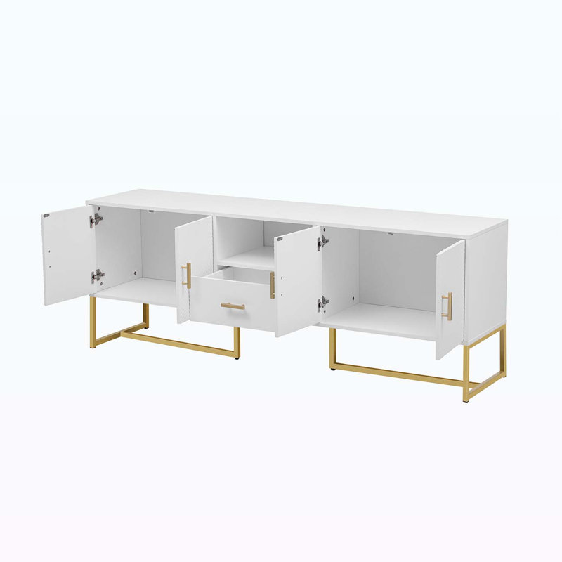 Console avec 1 tiroir, 2 armoires et pieds en métal, Blanc / Doré, Blanc