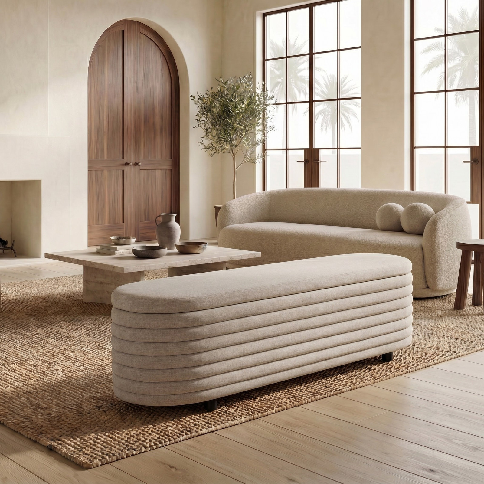 Delray 60" Linen Bedroom Bench, Light Grey Linen