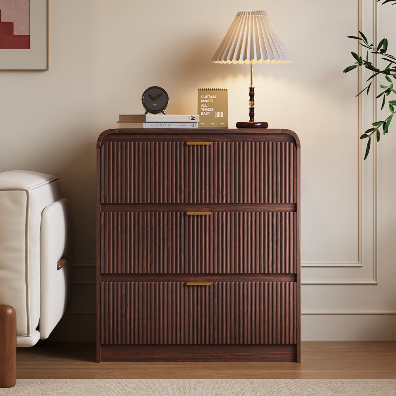 3 Drawer Fluted Nightstand For Bedroom, 27.6’’w X 15.8’’d X 31.5’’h, Walnut Brown