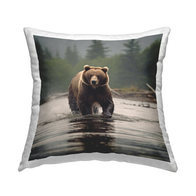 Splashing Bear in Pond Decorative Printed Throw Pillow by Lazar Studio
