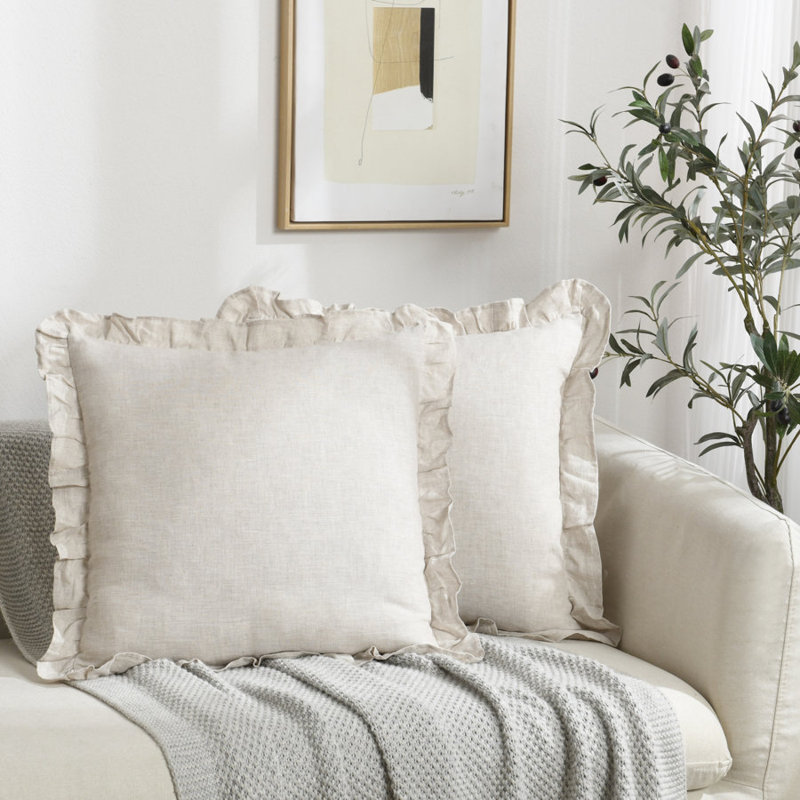 Linen Pleated Ruffled Romantic Fringes Pillow Covers, Beige, 18"H x 18"W