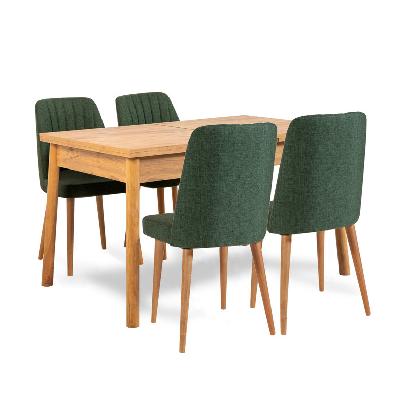 Extendable Dining Table & Chairs Set (6 Pieces), Atlantic Pine & Green, Table 47.2 x 29.5 x 29.5 inches | 100% Melamine Coated Particle Board, Wooden Legs, Modern Scandinavian Design | Includes 4 Linen Foam Chairs & 1 Bench