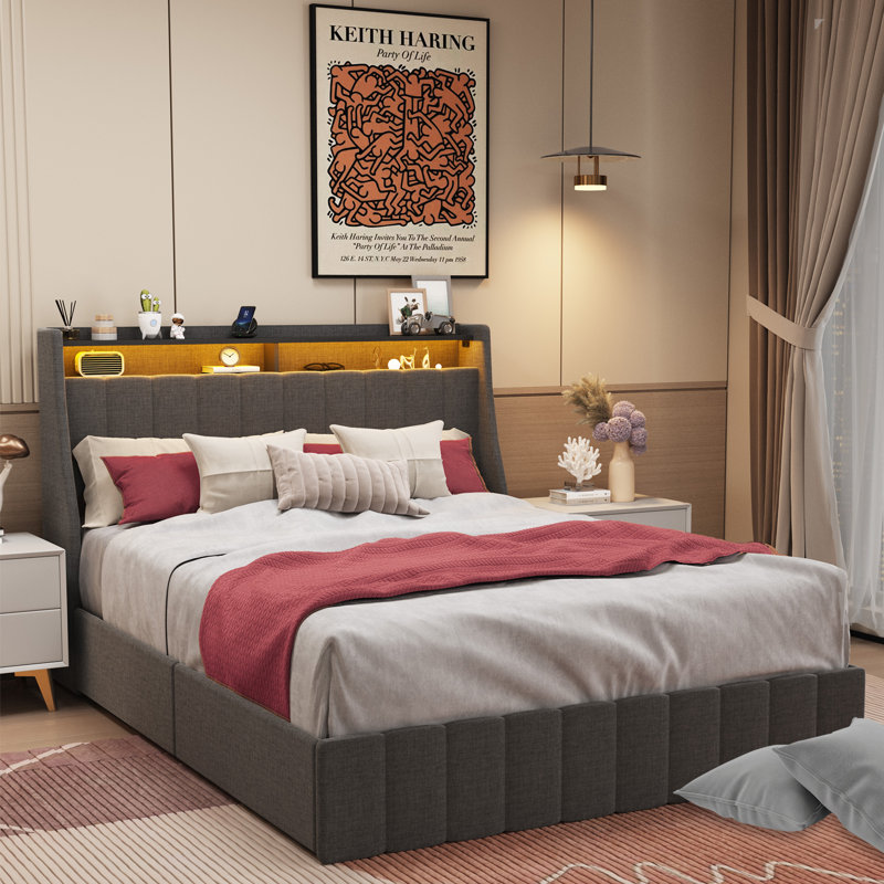 41.3'' Wings Headboard Bed Frame with 4 Under-bed Portable Storage Drawers and LED Light, Dark Gray, Queen