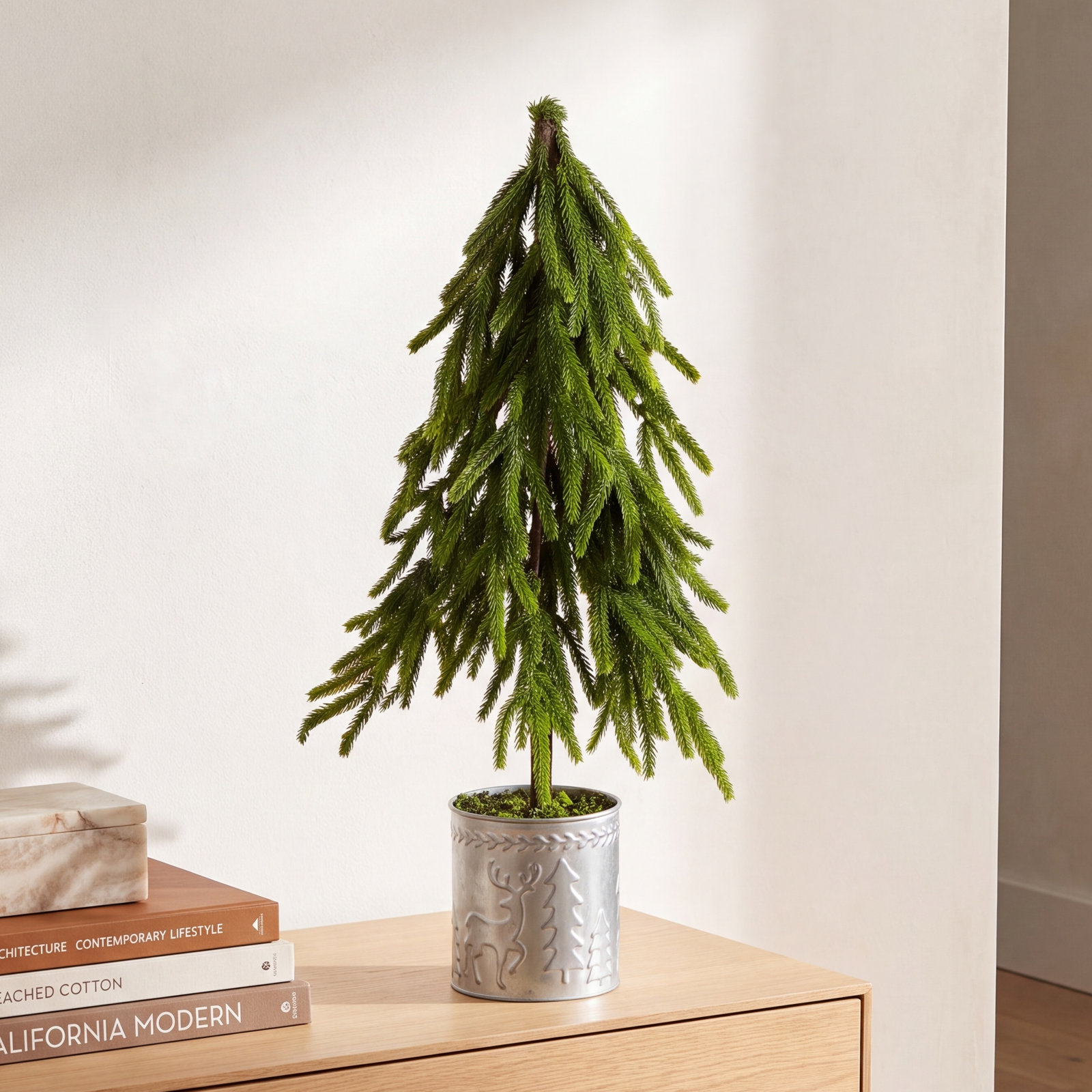 20In. Artificial Real Touch Down Swept Norfolk Island Pine In Christmas Tin Metal Planter With Natural Look