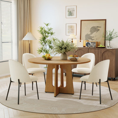 47 Inch Round Dining Table Set, MDF Tabletop With Cross Iron Legs, Boucle Upholstered Chairs With Black Metal Legs, Modern Kitchen Dining Set For Dining Room, Kitchen, Apartment, Restaurant, Sturdy & Easy Assembly