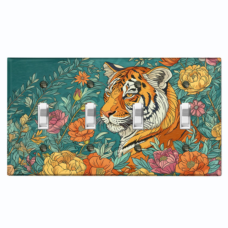 Couvercle de plaque d'interrupteur en métal; Bascule à 4 bandes US standard - Tiger in the Meadow, # 4 Quad bascule