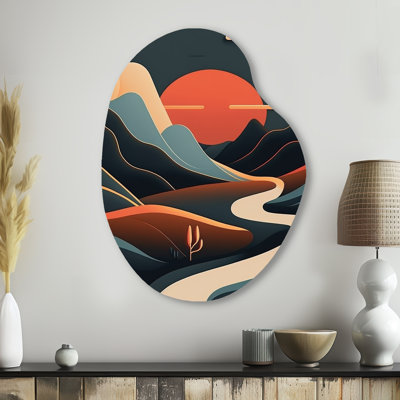 Pin, paysage graphique terre de terre cuite III - paysage montagneux, forme de poire, art mural en métal asymétrique