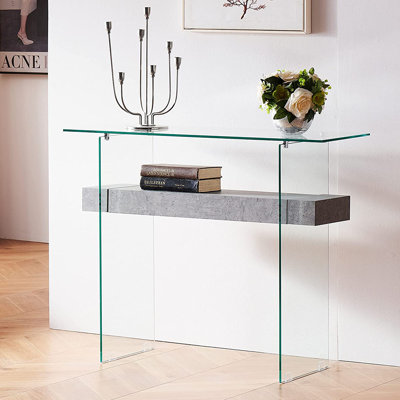 31.5'' Narrow Glass Console Table with Storage, Small Entryway Table with Natural Wood Shelves