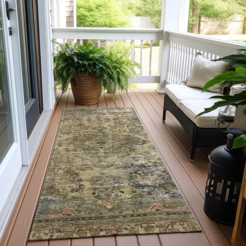 Machine Washable Indoor/Outdoor Claudian ACN1646 Aloe Rug, Runner 2'3" x 7'6"