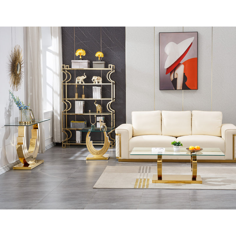 3 Piece Glass Coffee Table Set, Modern Living Room Table Set with 1 Coffee Table & 1 End Table & 1 Console Table, Luxury Glass Coffee Table Set with 3C-Shape Stainless Steel Base for Home Office