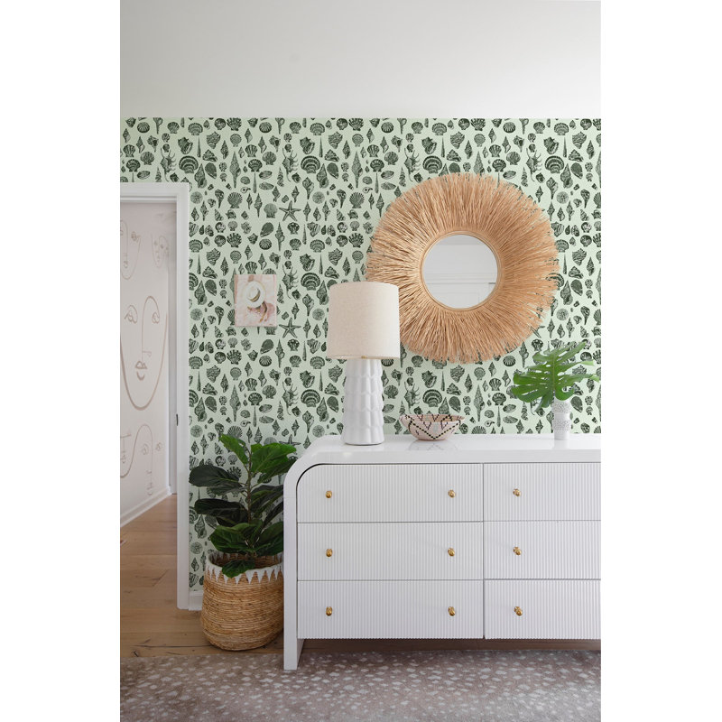Lowcountry Love Shells Marsh Breeze Wallpaper by Megan Molten, Green, Faux Grasscloth