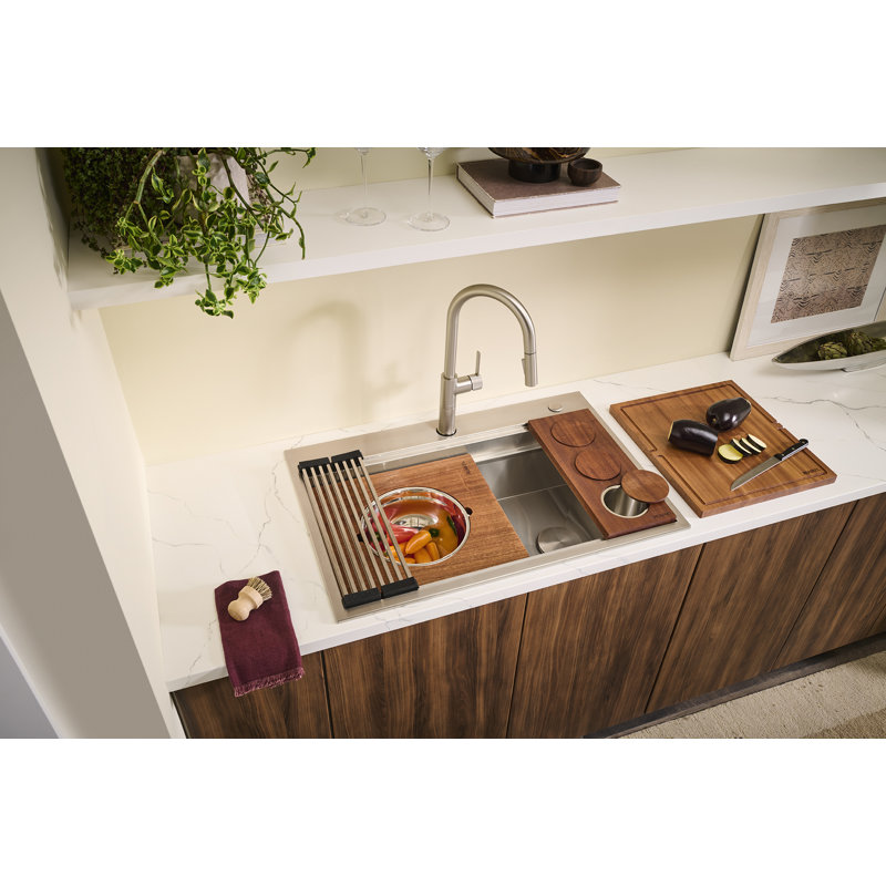 Ruvati Workstation Two-Tiered Ledge Kitchen Sink Drop-in Topmount 16 Gauge Stainless Steel, 10" H x 22" W x 33" L