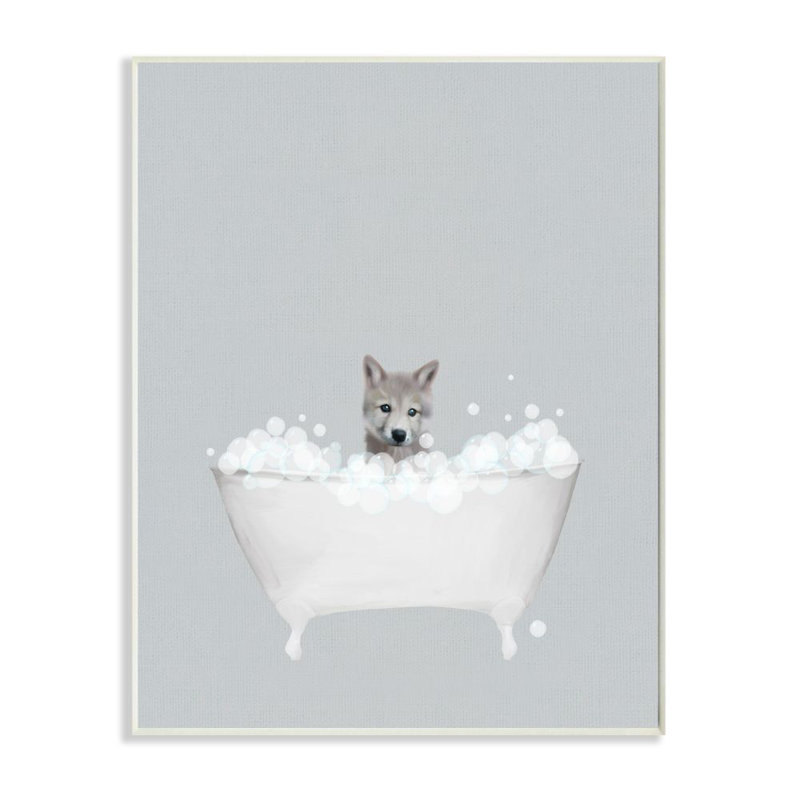 «Wolf Blue Bath» par Leah Straatsma - reproduction d'art, Plaque en bois, H 19 po x l 13 po