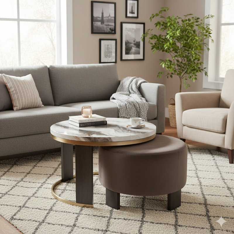 Poim 2Pc Nesting Coffee Table And Ottoman Set, White Marble, Brown Velvet