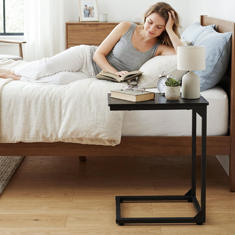 59cm H Small Sofa Side Table, C-Shaped End Table for Couch with Metal Frame , Black