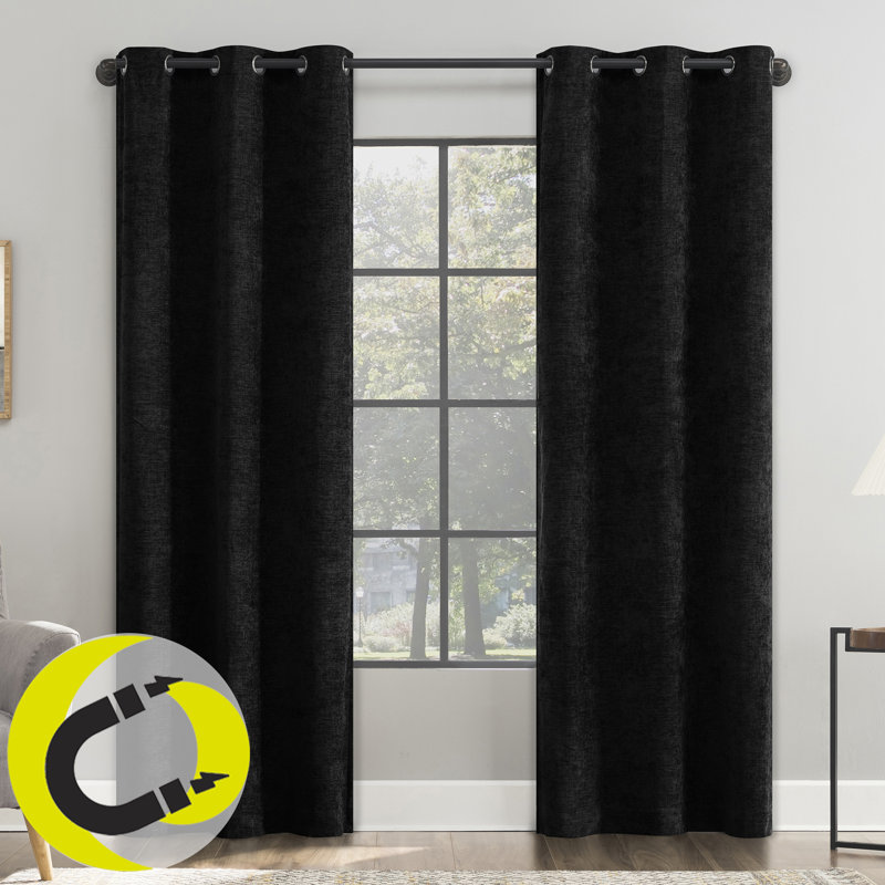 Sun Zero Isidora Velvet Magnetic Closure 100% Blackout Grommet Curtain Panel, Black, 40" W x 84" L