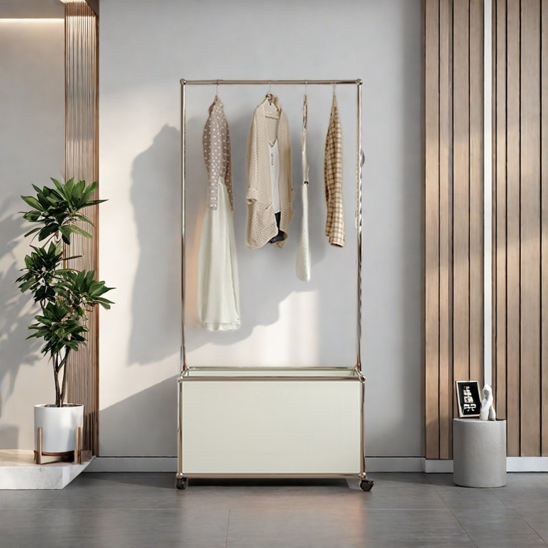 Stainless Steel Coat Rack with Storage Basket, Cream