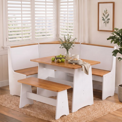Ensemble de salle à manger coin-repas en forme de L 3 pièces avec rangement caché, ensemble de table de coin en bois moderne et banc pour petits espaces et cuisine, naturel et blanc