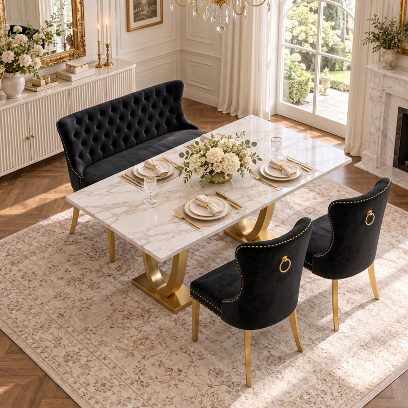 Ensemble de coin repas 3 pièces avec banc capitonné et chaises de salle à manger rembourrées, Doré, Noir, Doré