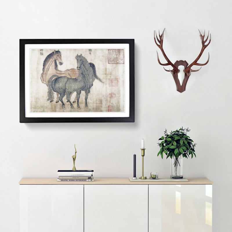 Two Horses by Zhao Mengfu - Framed Print, 48cm H x 65cm W x 2cm D, Black Framed