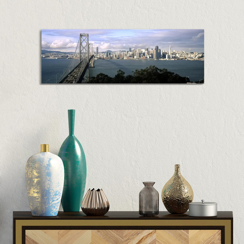 Bridge Across A Bay With City Skyline In The Background, Bay Bridge, San Francisco Bay, San Francisco, California, USA - Wrapped Canvas Panoramic Print