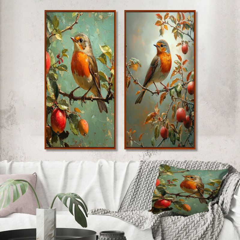 Oiseau Robin dans la ferme, verger I - animaux, art sur toile 2 panneaux, H 32 po x l 33 po, Cadre flottant brun