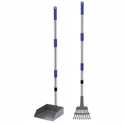 Dog Pooper Scooper With Tray & Rake – Adjustable Long Stainless Steel Handle, Easy Pet Waste Removal