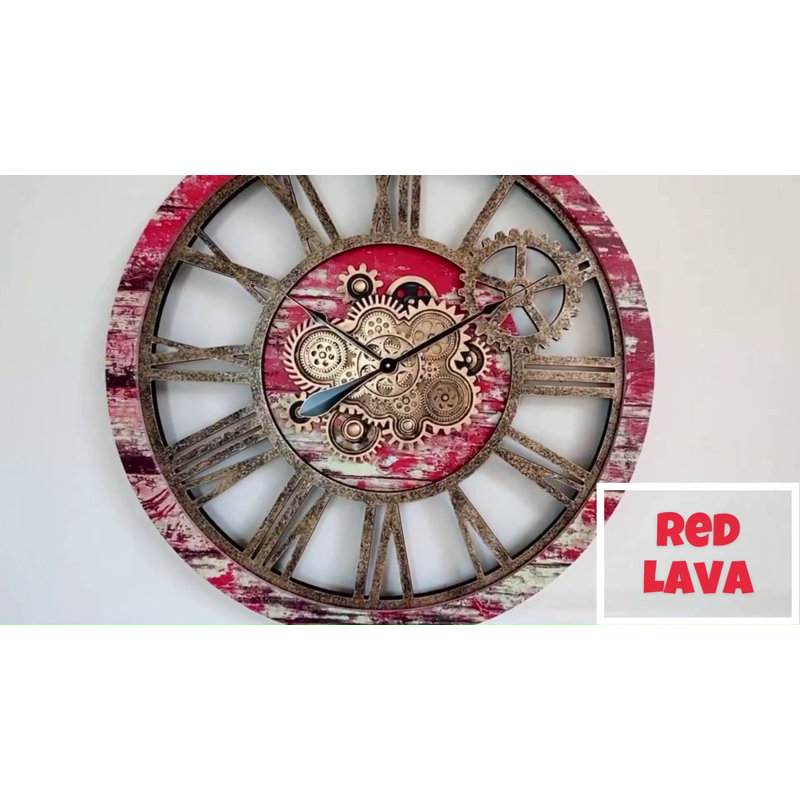 Oversized 36" Round Rustic Wood Wall Clock with Moving Gears