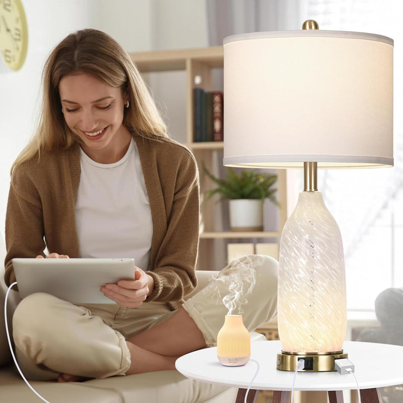 26'' White Glass Table Lamps Set with USB Ports and Touch Control