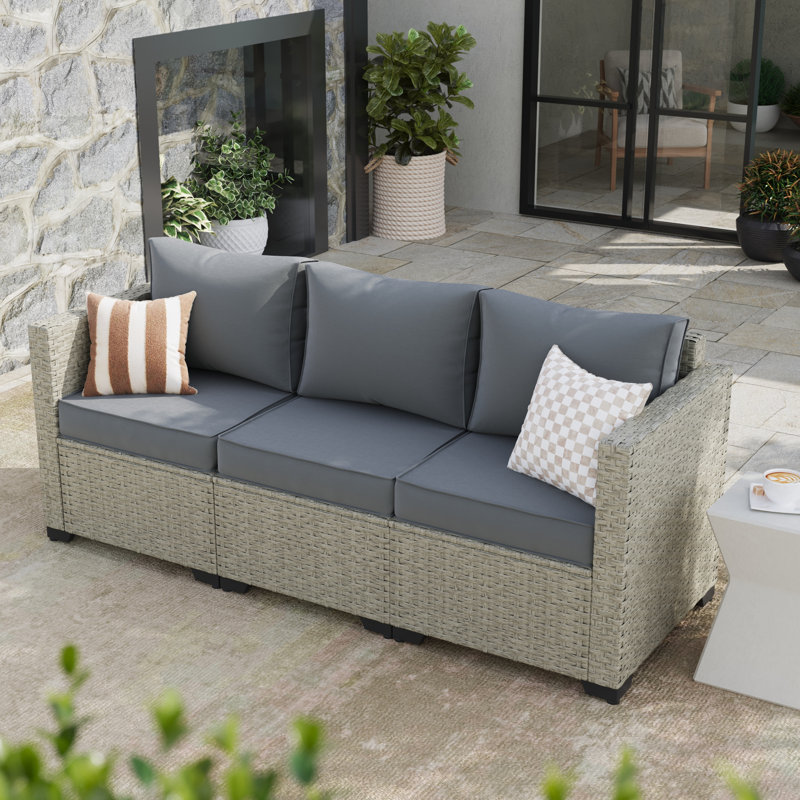 Canapé de patio droit en osier de 79,5 po de largeur avec coussins, Gris, Gris