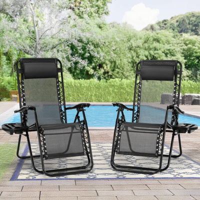 Set of 2 Outdoor Zero Gravity Chaise Lounge Chairs, Folding, Reclining Patio Seats with Cup Holder & Headrest by Arlmont & Co.